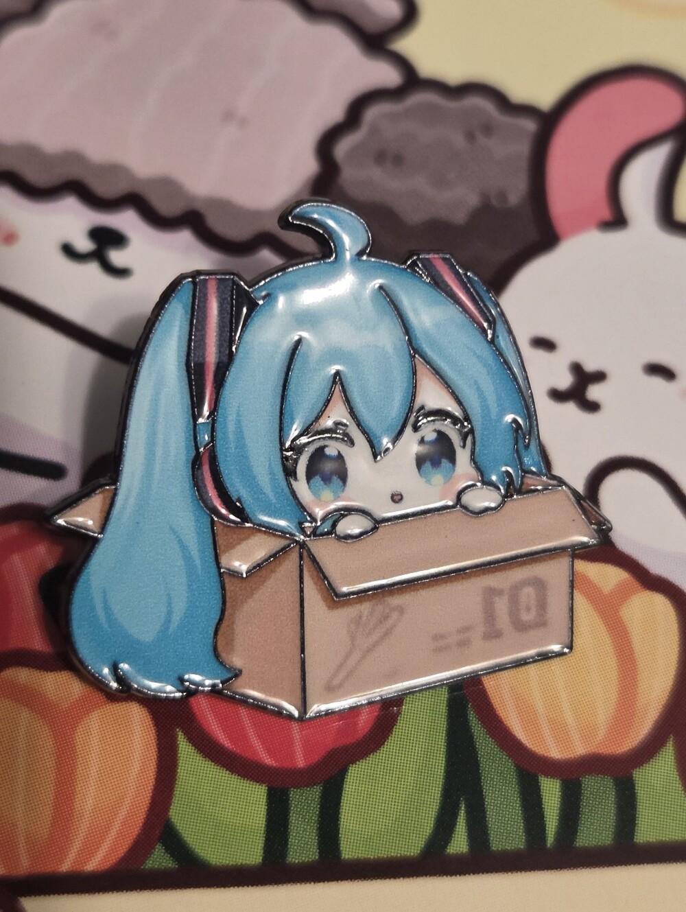 Blue Anime Character Enamel Pin - Cute Cat-in-Box Design